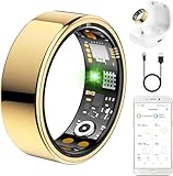 Ring Health Tracker for Women Men, Fitness Ring with Heart Rate, Blood Oxygen, Sleep Monitor, Calories, Step Counter, IP68 Waterproof Smart Ring for iPhone & Android, No Subscription Fee (Gold, 7#)