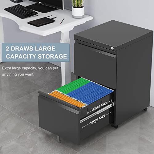 Godappe 2 Drawer Mobile File Cabinet,Metal Vertical Filing Cabinet With Lock For Letter/Legal Size, Anti-Tilt Design Rolling Desk Filing Cabinet For Home Office Fully Assembled Except Casters(Black) #TOP2