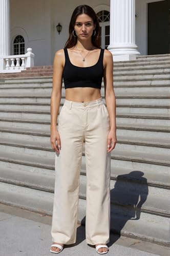 Beninos Women's Cotton Linen Summer Palazzo Pants Flowy Wide Leg Beach Trousers with Pockets3