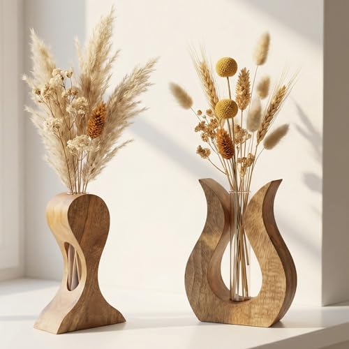 Holzvase 2er Set aus Mangoholz – Handgefertigte Holzvasen Deko aus Mangoholz – Kleine Vase für...