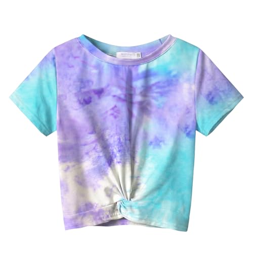 Image of Arshiner Girls Casual Tie Dye Short-Sleeve T-Shirt Cute Print Summer Blouse for Girls Twist Front Tunic Tee Tops