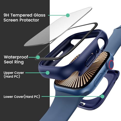 Image of 3 in 1 Goton Waterproof Hard Case for Apple Watch Screen Protector 46mm, 360 Slim Full Protective Tempered Glass Face Cover + Back Hard PC Bumper for iWatch Series 11 /10, 46mm Blue