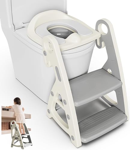 Xespis Adaptador WC Niños con Escalera, 2 en 1 Taburete & Reductor WC Niños, Plegable y Ajustable, Adaptador Baño para Niños con Cojín Acolchado, Antideslizante y Antisalpicaduras