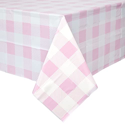 Image of BLUE PANDA Rectangular Plaid Tablecloth - Glamping & Camping Table Cover - Birthday & Picnic Table Covers - Easy-Clean Disposable Tablecloth - Pack of 3, White & Pink - 5 x 9 ft