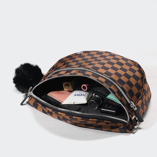 Image of Pander Crossbody Bum Bag for Women, Everyday Nylon Shoulder Bag with Pompom Keychain Wristlet Bag Charm, Adjustable Strap