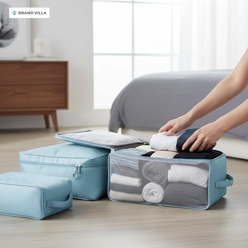 Image of BRAND VILLA 7 Pcs Travel Organizer Set Packing Cubes Luggage Organizer Bags with Shoe Bag, Laundry Pouch & Toiletry Bag for Clothes, Shoes, Accessories, Lightweight Travel Storage for Suitcase (Blue)