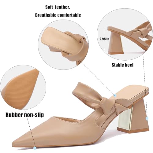 Women Leather Chunky Heel Mules With Knotted Strappy Fashion Slip On Closed Pointed Toe High Heel Backless Pumps for Dressy Party Casual Daily Breathable Slide Sandals4