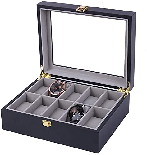 WSZYBAY Caja de Reloj de Madera Cubierta de Cristal Reloj de joyería Mostrar Caja de Almacenamiento Pulsera Bandeja 10 Reloj de Almacenamiento y Bloqueo de Metal Cover