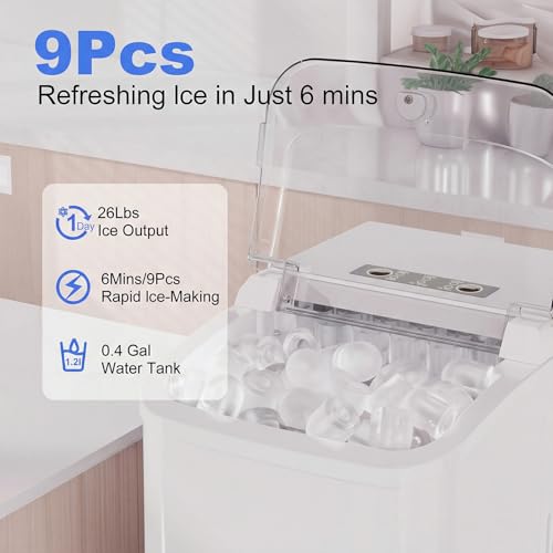 Image of NEWBULIG Ice Makers Countertop with Handle, Portable Ice Machine, 9 Bullet Ice Cubes in 6 Mins, 26lbs in 24Hrs, Auto-Cleaning, with Basket and Scoop, for Home, Kitchen, RV, Camping,White