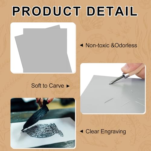 Image of Yeaqee 8 Pcs Linoleum Block Rubber Carving Block Soft Linocut Blocks Large Linoleum Sheet Unmounted Lino Plates for Engraving Art Project Printmaking Artist Studio Supplies (4 x 6 Inch,Gray)
