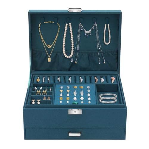 Joyero de gamuza verde oscuro de 3 niveles, caja de almacenamiento de joyas con cerradura con llave elegante para collares, pulseras, pendientes, anillos, organizador de accesorios para mujer, 17 x 24
