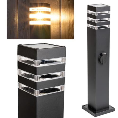 Lumiled® Wegeleuchte Außen Pollerleuchte Außenstehleuchte Stehlampe Außenleuchte mit Steckdose Gartenleuchte Wegelampe Stromsäule 60cm IP44 schwarz spritzwasserdicht Aluminium E27 Fassung max 13W