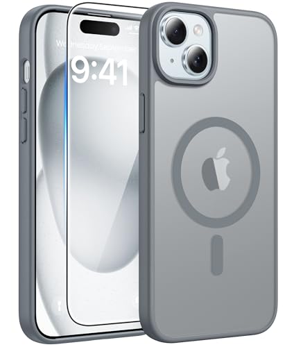 Image of FNTCASE for iPhone 15 Case: for iPhone 14 Case & iPhone 13 Case [Compatible with Magsafe] Translucent Matte Cases with [Screen Protector] Military Grade Shockproof Protective Phone Cover - Gray