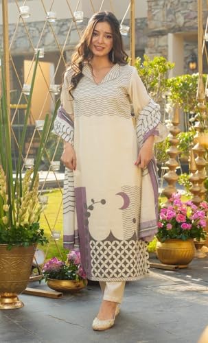 Image of Women's Muslin Geometric Wave Print Off White Straight Kurta & Pant Set with Dupatta | Shirt Collar V-Neck 3 /4 Bell Sleeve Crescent Print | Salwar Suit Set | Kurta Sets for Women