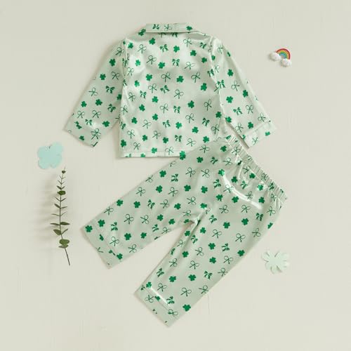 Toddler Boy Girl St Patricks Day Pajamas Set Cute Button Down Shamrock Print Shirt Long Pants Kids Sleepwear4