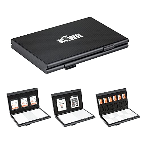 Kiwifotos Portable Luxury Metal Memory Card Case Carrying Holder for CF XQD CFexpress SD MicroSD Micro SDXC SDHC Card with 3M Adhesive Matrix Black Skin and Soft EVA Foam Inserts for Good Protection