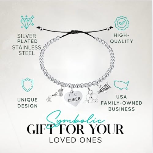 Sportybella Silver Stainless Steel Cheerleading Charm Bracelet – Adjustable Chain with I Cheer, Cheerleader, Pom-Poms & Megaphone Charms – Gift for Cheerleaders & Cheer Teams2