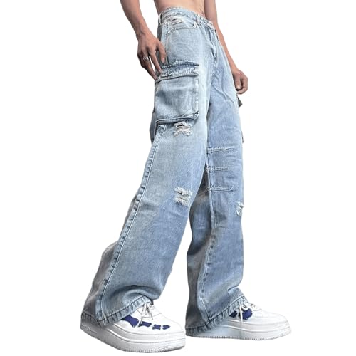 Men's Baggy Y2K Hip Hop Straight Leg Ripped Jeans Trousers Teen Boys 90s Loose Fit Cargo Denim Pants Streetwear3