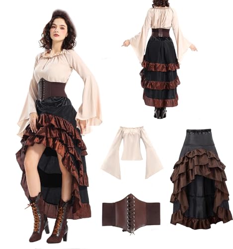 helymore Mittelalterliche Piraten Cosplay Kostüme mit Renaissance Sexy Rock Korsett Taille Gürtel Halloween Karneval Party Anzug Damen S