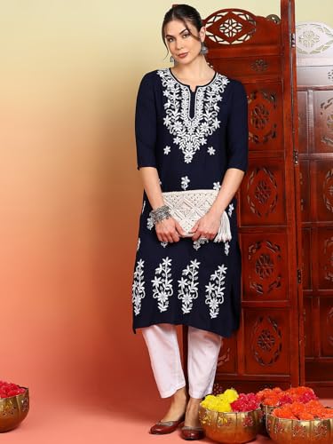 Image of Women Pink Ethnic motifs Embroidered Lucknowi Chikankari Long Kurti