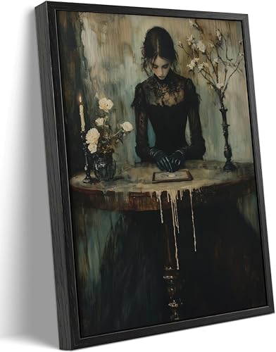 Framed Dark Academia Canvas Wall Art Gothic Victorian Woman Painting Picture Wall Decor Moody Occult Botanical Aesthetic Poster Print Artwork for Gallery Living Room Bedroom Home Decoration