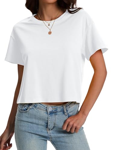 SMENG Cotton Tshirts for Women Loose Cropped Sun Protection Shirt Basic Short Sleeve Crewneck Soft...
