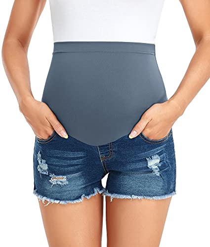 Image of PACBREEZE Women's Maternity Jean Shorts Over Belly Stretch Denim Shorts Trendy Summer Pregnancy Clothes