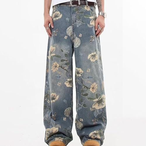 Y2K Baggy Jeans Mens Flower Print Graphic Jeans Wide Leg Grunge Jnco Pants Vintage Floral Harajuku Denim Pants3
