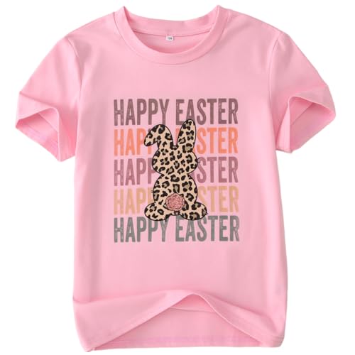 Image of Kid Girls Easter Shirts Happy Easter T-Shirt Funny Leopard Bunny Outfit Short Sleeve Tees Tops Holiday Clothes 7-12Y