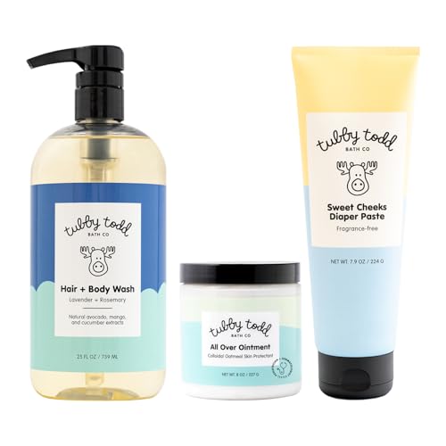 Image of TUBBY TODD Baby Bundle Newborn Skin Care Set - Hypoallergenic Hair + Body Wash, All Over Ointment with Colloidal Oatmeal, Sweet Cheeks Diaper Paste - Lavender Rosemary, Full Size