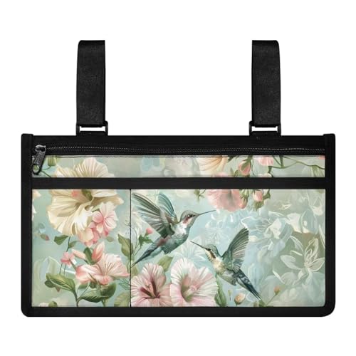 Goronwyfloyd Classic Bird and Flowers Wheelchair Side Bag with Cup Holder, Armrest Accessories for Wheelchair, Rollator, Walker Adjustable Straps and Zippered Pocket for Storage