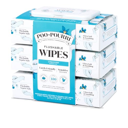 Image of Poo~Pourri Unscented Flushable Wipes - Made with Plant Based Fibers, Aloe, Vitamin E, Chamomile, and Oat Extract - Adult Wet Wipes - 150 count - Septic & Sewer Safe - Fragrance Free Packaging May Vary