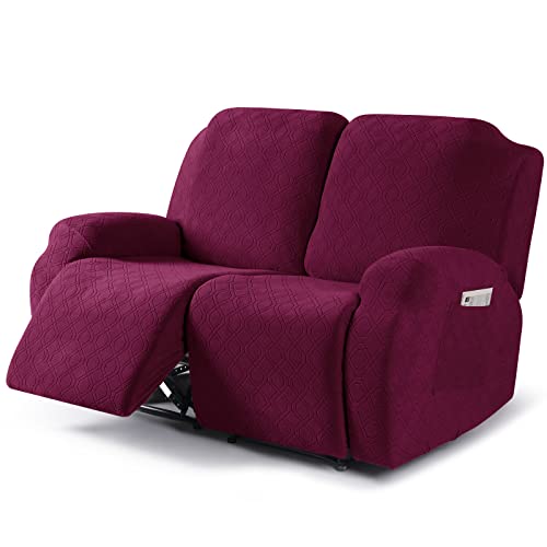 Image of VANSOFY Recliner Cover, 2-Pieces Stretch Reclining Couch Cover with Pockets Loveseat Sofa Slipcovers Soft Washable Furniture Protector for Dogs Cats(Burgundy)