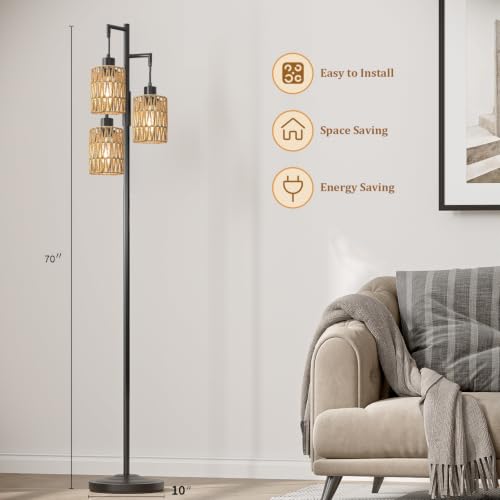 Image of Oneach 70 inch Floor Lamps for Living Room, Stepless Dimmable Boho Floor Lamp with 3 Bulbs, Tall Farmhouse Industrial Corner Standing Tree Lamp for Bedroom, Office, Study Room, Dining Room, Black