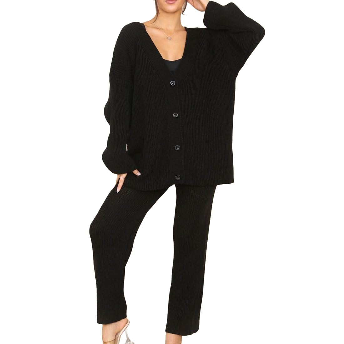 Ladies Long Sleeve V-Neck Cardigan With Flared Trouser Lounge Wear Set Womens Ribbed Knitted Front Buttons Sweater And Palazzo Co-ord Tracksuit