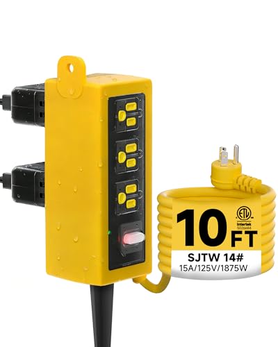 Image of Outdoor Extension Cord, 6 Wide Outlets, 1875W /15A, 10FT 14AWG Heavy Duty SJTW Power Strip with Surge Protector, All-Weather & IP66 Fully Waterproof, Ideal for Patio, Garden, Pool, RV, Yellow