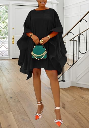 Women Formal Batwing Sleeve Mini Dress Casual Loose Fit Cold Shoulder Ruffle Hem Summer Dresses2