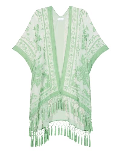 USHOWHEY Women's Day Gift,Velvet Kimono Cardigan for Women, Long Burnout Velvet Kimono,Free Size,Women's Day Shawl, Light Green, One size