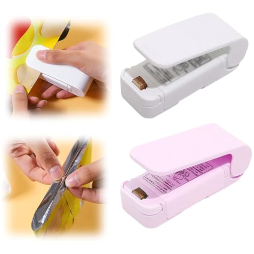 Mini Sealing Machine, 2 Pcs Portable Mini Bag Sealer Food Bag Sealing Machine, Handheld Heat Vacuum Sealer Food Bag Sealing Machine, Mini Sealing Heat Seal Tool for Plastic Snack Bags (Pink + White)