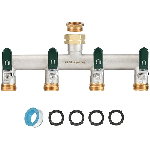 Wasserverteiler 4fach, 4 Wege Verteiler Wasser, Vernickelt Messing Wasserhahn Verteiler, Garten Verteiler 4 Wege mit Grün Griffen, 3/4 Zoll Robustheit Sechskant-Verbinder mit 1/2 Zoll Adaptern