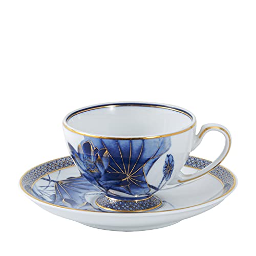 Minh Long I Vintage Elegant Lotus Flower Pattern Premium Porcelain Cup with Handle and Saucer Set, Kitchen Dinnerware Tableware Hot Cold Drinks Serve Tea Coffee Juice Drinking Mug Cups, Blue & White