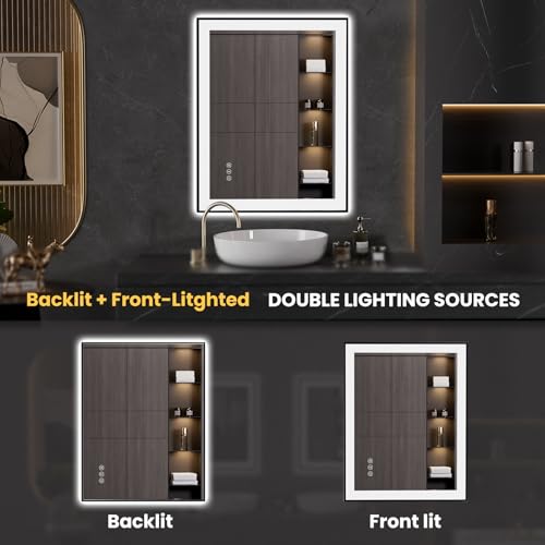 LOAAO 24"X36" LED Bathroom Mirror Black Framed, Anti-Fog, Dimmable, Lighted Bathroom Vanity Mirror for Wall, Memory Function, Tempered Glass