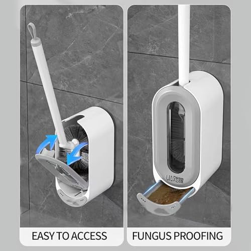 Image of 2 Set Toilet Brush and Brush Holder Set, Wall Mounted Toilet Bowl Brush with Hideaway Caddy,Toilet Cleaner Brush Built-in Drip Tray,Toilet Scrubber Brush Bathroom,Toilet Cleaner with Curved Design