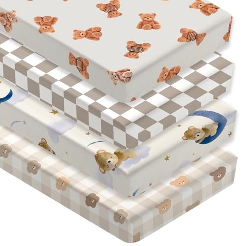 Image of 4 Pack Teddy Bear Crib Sheet Set for Boys or Girls, Neutral Soft Breathable Fitted Checkered Crib Sheet, Bear Nursery Decor for Standard Crib and Toddler Bed Mattresses 28 x 52 in