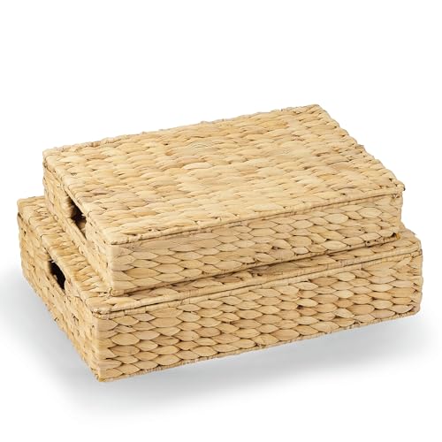 Set of 2 Wicker Baskets with Lid for Organizing – Decorative Storage Boxes With Lids for Home Decor, Shelves – Organic Modern Home Decor – Remote Box – Coffee Table Basket