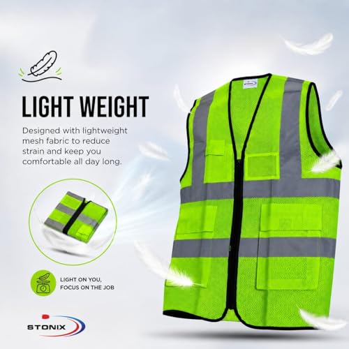 Image of STONIX High Visibility Safety Jacket for Men - Reflective Work Vest with Pockets, Breathable & Durable for Construction, Industrial & Outdoor Work, (Green, Pack of 1,2,5)