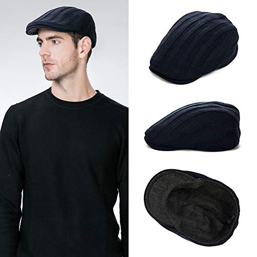 Jeff & Aimy Mens Knitted Newsboy Paper Boy Cap Winter Fitted Hunting Wool Blend Irish Ivy Flatcap Driving Hat Navy Blue 57-59Cm #TOP2