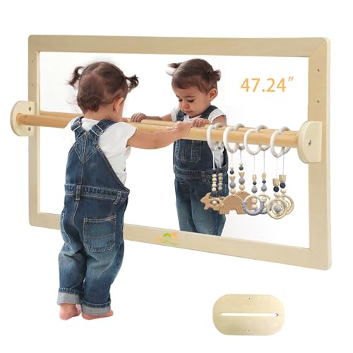 JHNIFTYNEST Infant Coordination Mirror Montessori Safety Pull up Bar Baby Mirror Acrylic Non-Glass Early Learning to Walk Mirror Upgrade Dual-Use with Base 47.24”