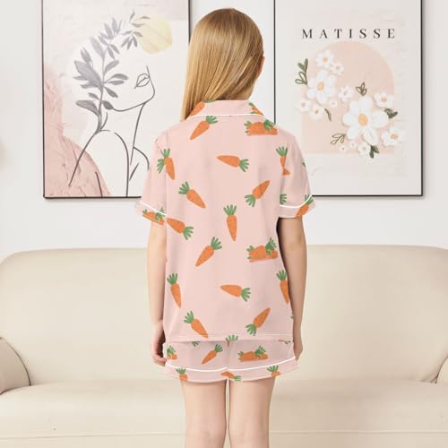 Satin Pajama Sets Short Sleeve Carrot Pattern on Pink Button Down Silky Nightwear 2 Piece PJS 5-14Y4