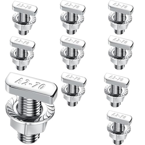 10 Stück Hammerkopfschrauben Set, T Schrauben mit Sperrzahnmuttern M8 x 20 mm Edelstahl A2-70 Flanschmuttern M8, Gewächshäuser Aluminiumprofile, Wetterfest korrosionsbeständig